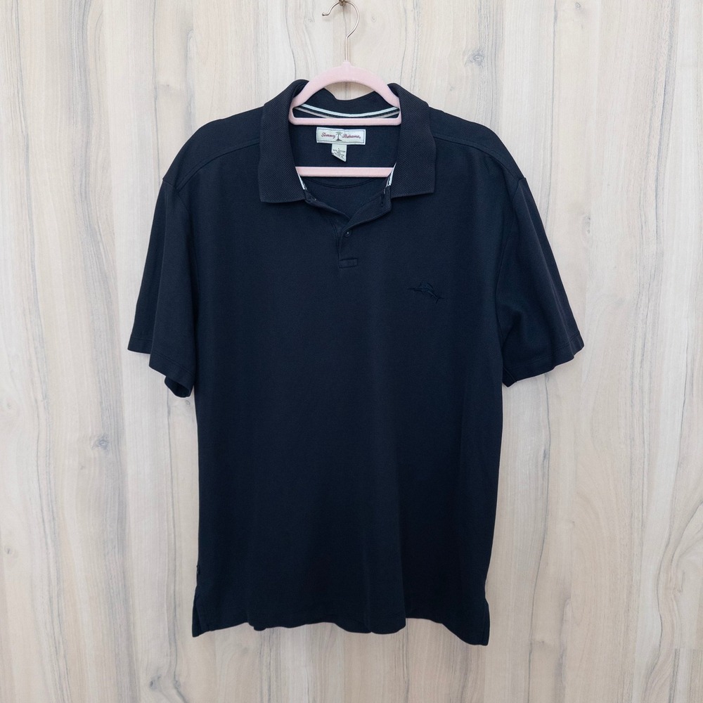 Tommy Bahama Mens Short Sleeve Polo Shirt L Black Preppy Classic Marlin Logo